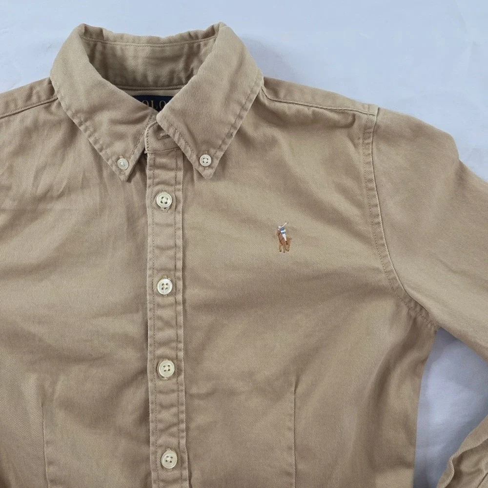 Polo Ralph Lauren Cotton Shirt Dress Khaki Twill Long Sleeve Size 12 Tan Preppy